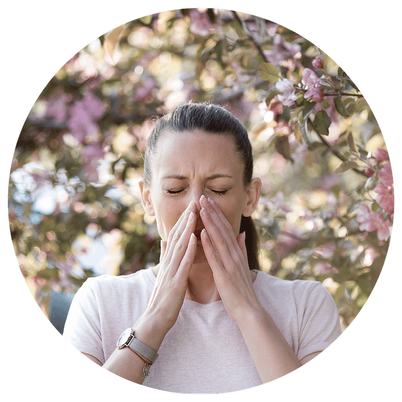 Frau unter einem blühenden Baum muss niesen